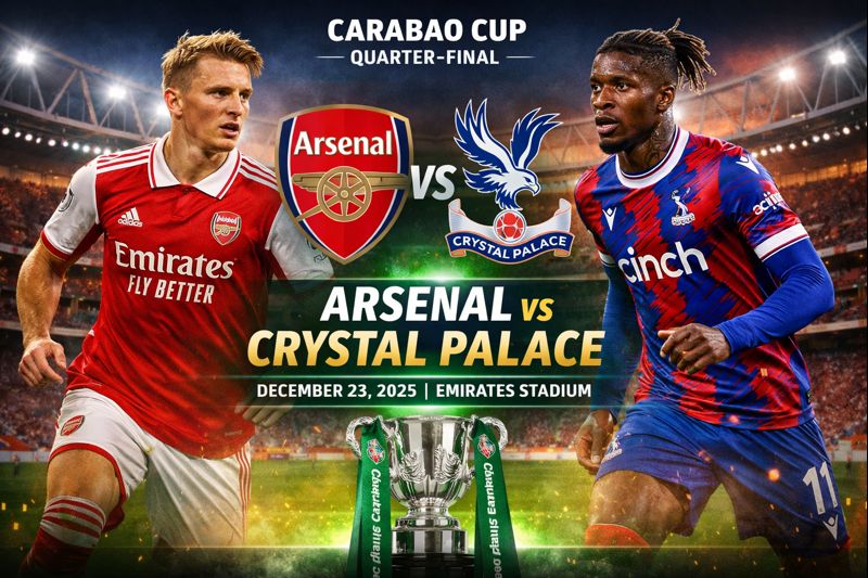 Arsenal vs Crystal Palace Carabao Cup quarter-final match graphic at Emirates Stadium featuring both teams