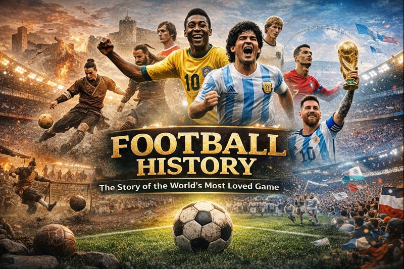 Football history illustration showing the evolution of the game from ancient times to the modern era with legendary players, stadiums, and iconic football moments